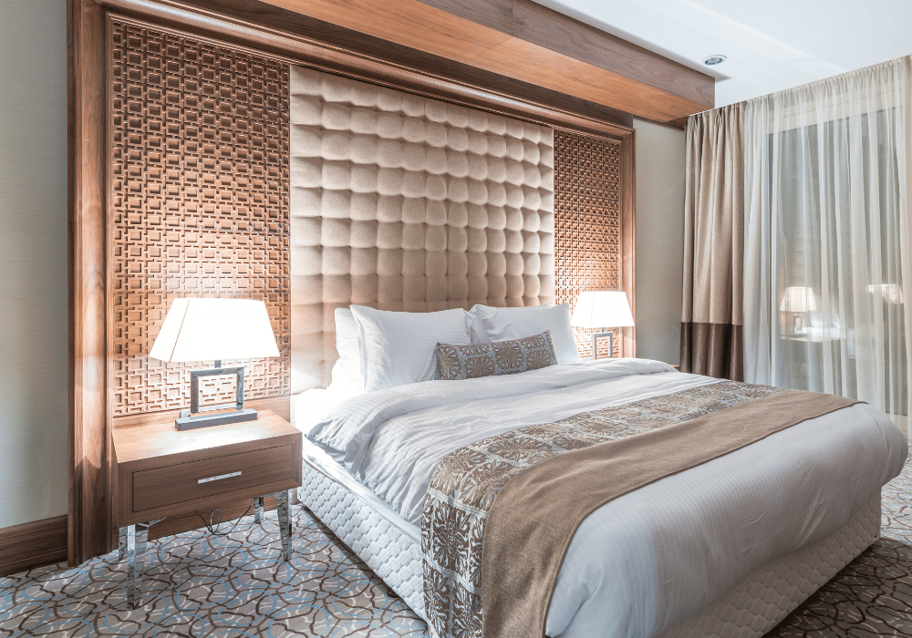Luxury bed sheets on a queen size bed in a hotel